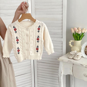 Autumn New Arrival Baby Kids Girls Comfortable Floral Pattern Embroidered Knitted Long Sleeves Cardigan