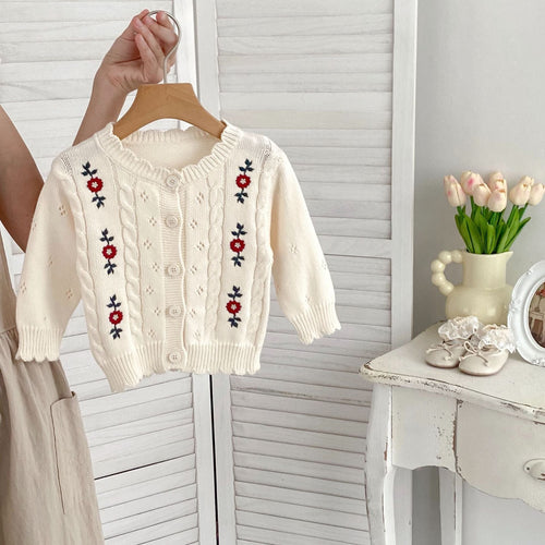 Autumn New Arrival Baby Kids Girls Comfortable Floral Pattern Embroidered Knitted Long Sleeves Cardigan