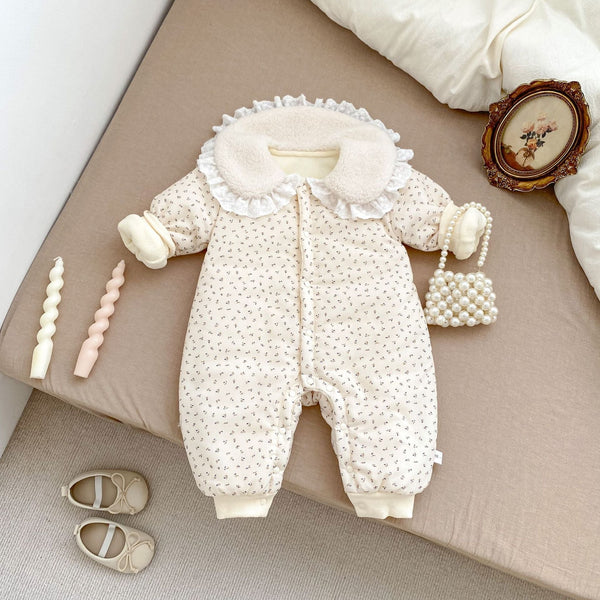 Autumn and Winter New Arrival Baby Girls Floral Print Long Sleeves Cozy Fleece Rompers