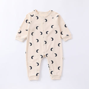 Spring Moon/Dogs Print Crew Neck Single Breasted Comfy Rompers