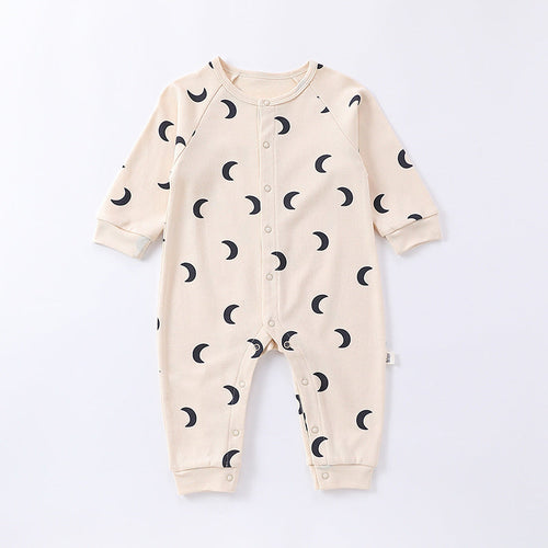 Spring Moon/Dogs Print Crew Neck Single Breasted Comfy Rompers