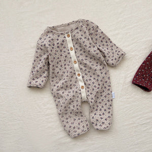 Baby Ditsy Flower Pattern Full Button Design Waffle Knit Rompers