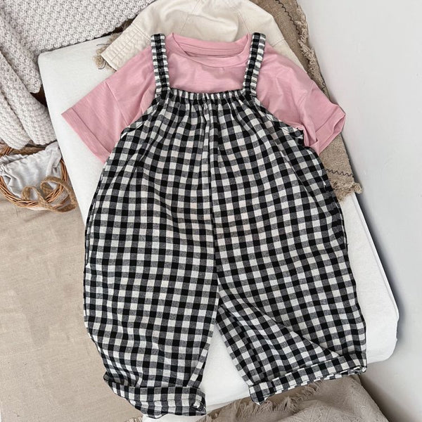 Baby Girl Plaid Pattern Sleeveless Strap Rompers In Spring