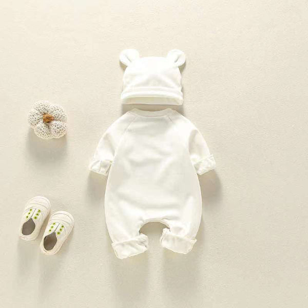 Baby Girl Bear Print Pattern Solid Color Long-Sleeved Rompers With Hat In Spring & Autumn