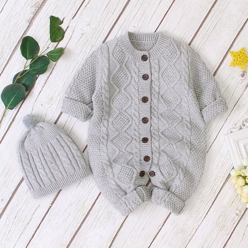 Baby Baby Cable Knitted Pattern Button Front Design Long Sleeve Warm Rompers & Hat