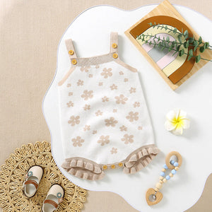 Baby Floral Pattern Ruffle Design Sling Knitted Onesies