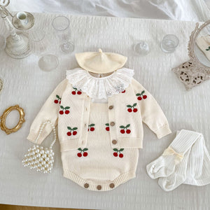 Arrival Autumn Baby Unisex Long Sleeves Cherry Jacquard Pattern Strap Onesies and Crew Neck Cardigan – Matching Set