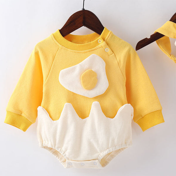 Baby Cartoon Egg Shape Design Long Sleeved Cute Bodysuit With Headband