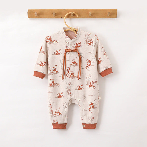 Autumn and Spring New Arrival Baby Unisex Chinese Painting Pattern Long Sleeves Stand Collar Single Breasted Rompers