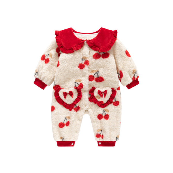 Autumn and Winter New Arrival Baby Girls Cherry Pattern Polar Fleece Rompers