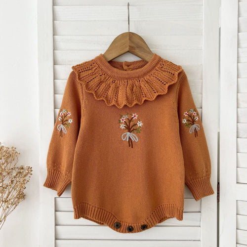 Autumn New Design Baby Girls Flowers Embroidery Pattern Long Sleeves Ruffle Collar Knitted Onesies