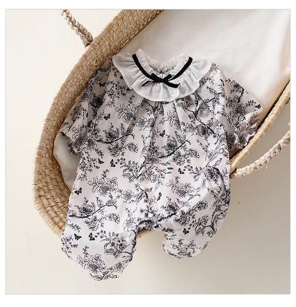 Autumn and Spring New Arrival Baby Girls Chinese Painting Pattern Long Sleeves Rompers with Collar