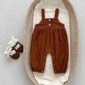 New Arrival Baby Kids Girls Flowers Pattern Long Sleeves Top and Brown Overalls Strap Rompers