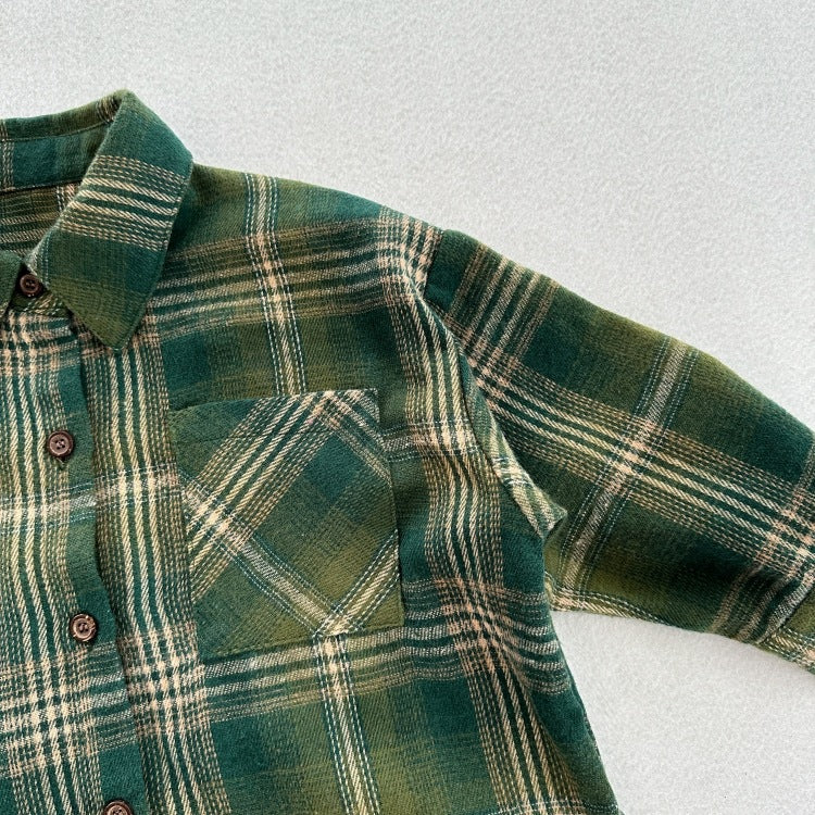 European and American Vintage Style Kids’ Outerwear: Plaid Long Sleeves Single Breasted Coat for Children