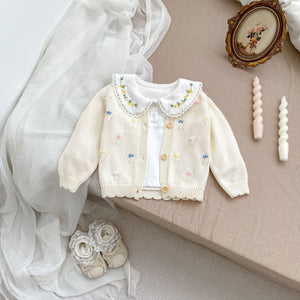 Arrival Baby Girls Comfortable Floral Embroidery Pattern Knitted Long Sleeves Cardigan