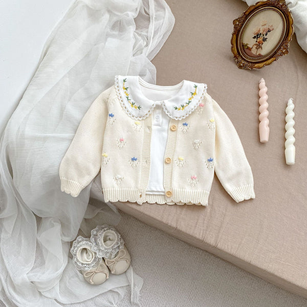 Arrival Baby Girls Comfortable Floral Embroidery Pattern Knitted Long Sleeves Cardigan