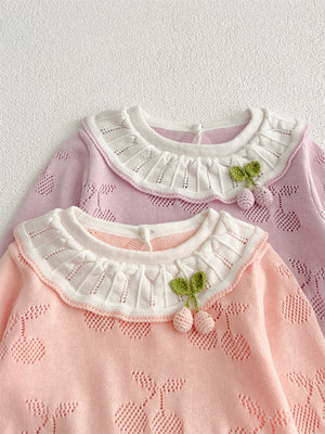 Autumn New Arrival Baby Girls Cheery Hollow-out Pattern Long Sleeves Onesies with Collar