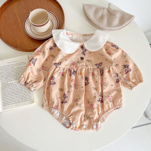 Baby Girl Flower & Deer Pattern Doll Neck Cotton Bodysuit