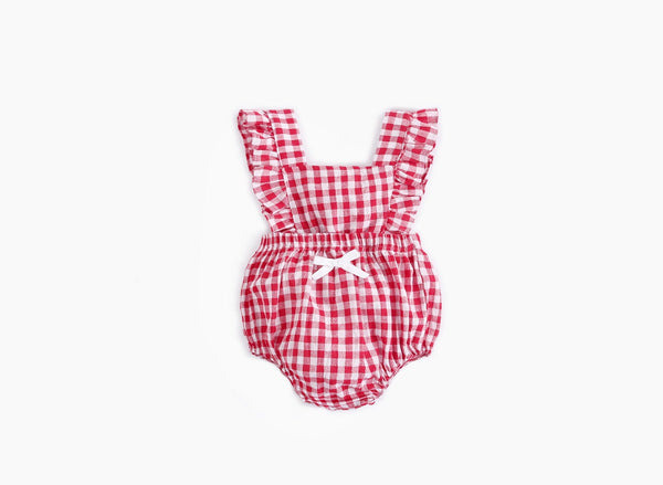 Baby Girl Doll Neck Solid Shirt & Red Plaid Graphic Bow Patched Bodysuit 1 Pieces Sets