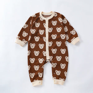 Autumn and Spring New Arrival Baby Unisex Teddy Bear Pattern Long Sleeves Crew Neck Rompers