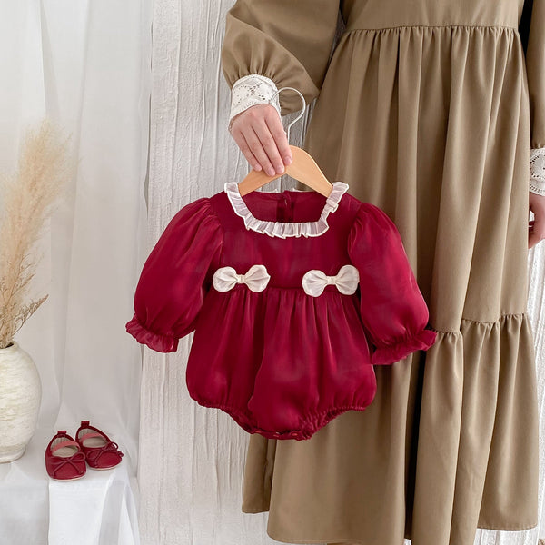 Autumn New Arrival Baby Girls Long Sleeves Square Ruffle Neck Double Butterfly-bows Attached Red Onesies