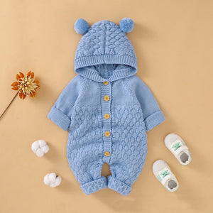 Baby 1pcs Cable Knitted Graphic Button Front Design Rompers With Hairball Patched Hat