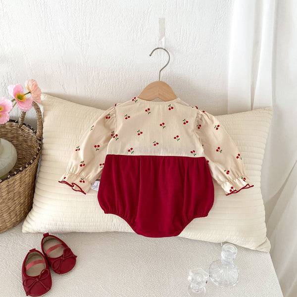 Autumn New Arrival Baby Girls Long Sleeves Cherry Print Princess Butterfly-Bows Attached Onesies