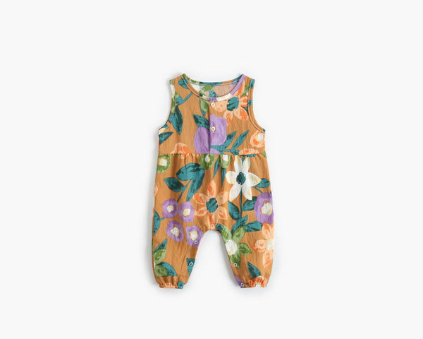 Baby Girl Floral Print Pattern Buttoned Design Sleeveless Rompers