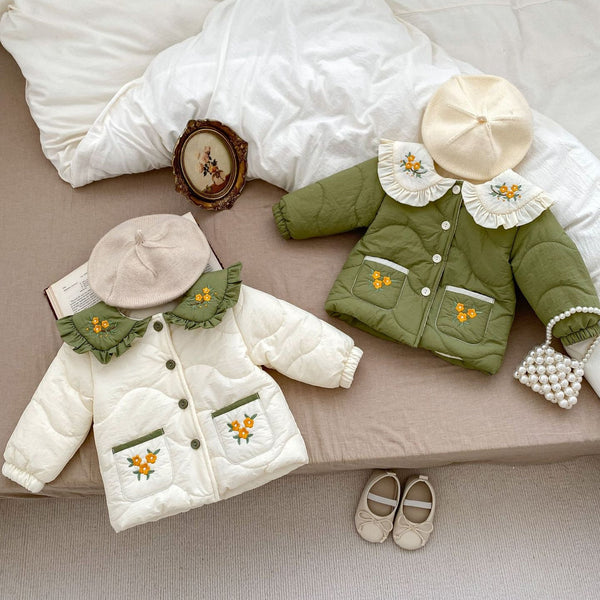 Winter New Arrival Baby Kids Girls Flowers Embroidery Single Breasted Thick Coat