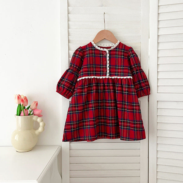 Arrival Autumn Vintage English Plaid Baby Kids Girls Ruffle Neck Onesies and Dress – Princess Sister Matching Set