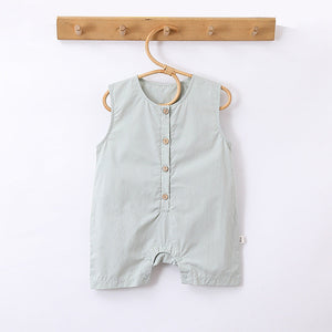 Summer New Arrival Solid Color Crew Neck Button Open Front Sleeveless Rompers