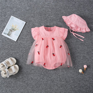 Baby Girl 1pcs Solid Color Pineapple Embroidered Mesh Overlay Flounce Sleeves Onesies Dress