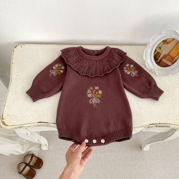 Autumn New Design Baby Girls Flowers Embroidery Pattern Long Sleeves Ruffle Collar Knitted Onesies