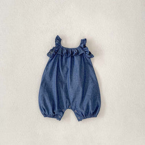 Baby Girl Solid Color Ruffle Design Denim Sleeveless Strap Bodysuit Onesies