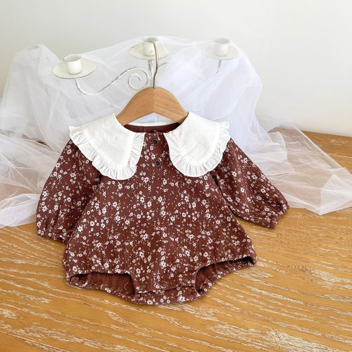 Baby Girl Floral Pattern Ruffle Lapel Design Bodysuit