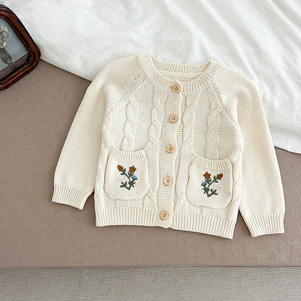 Arrival Baby Girls Comfortable Flowers Embroidery Pattern Pocketed Knitted Long Sleeves Cardigan