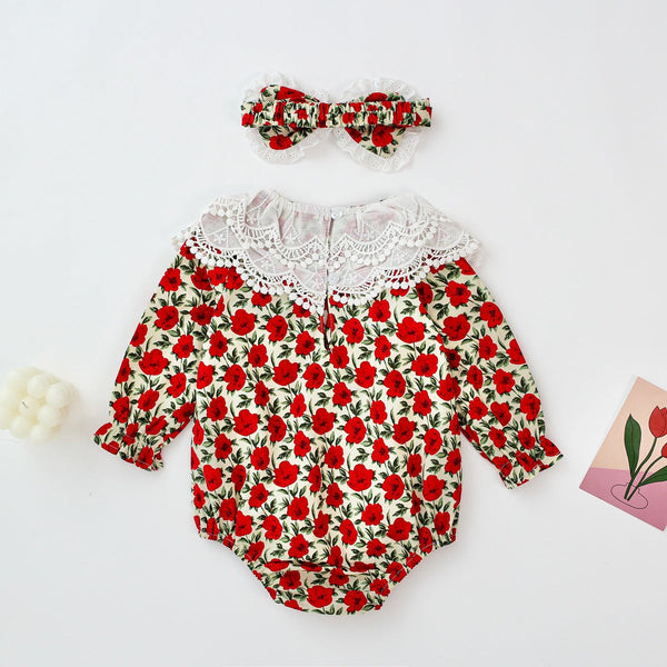 Baby Girl Flower Pattern Labeled Collar Design Long Sleeve Bodysuit