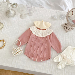 Autumn New Arrival Baby Girls Knitted Long Sleeves Jacquard Pattern Ruffle Collar Onesies