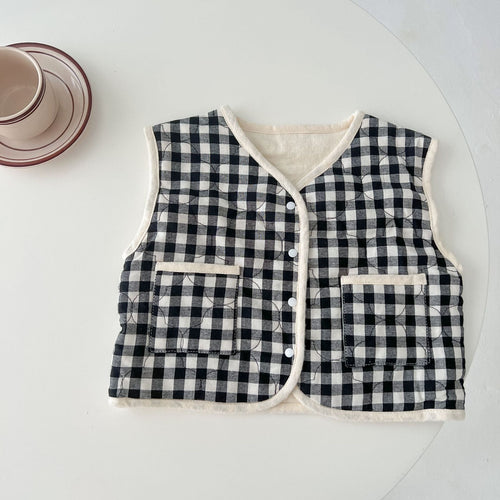 Baby Colorblock Plaid Pattern Sleeveless Thickened Quilted Vest Coat Outfit