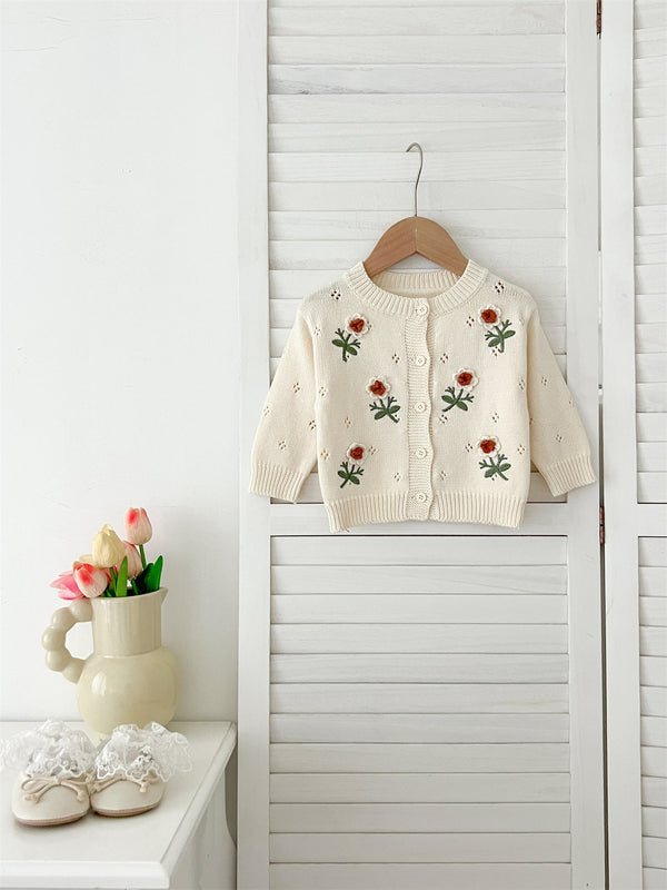 Autumn New Arrival Baby Kids Girls Comfortable Flowers Embroiedery Pattern Knitted Long Sleeves Cardigan