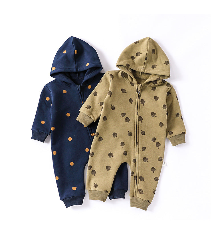 Autumn and Spring New Arrival Baby Unisex Simple Zip-up Long Sleeves Hooded Thick Rompers