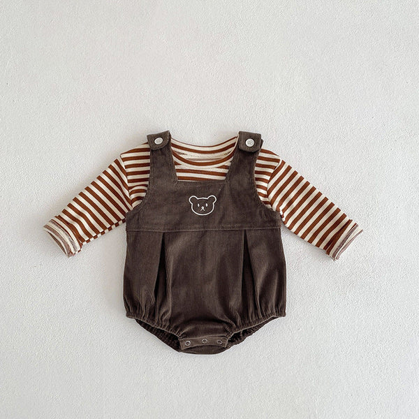 Baby Striped Shirt Combo Corduroy Fabric Cartoon Bear Embroidered Vest Bodysuit 2 Pieces Sets