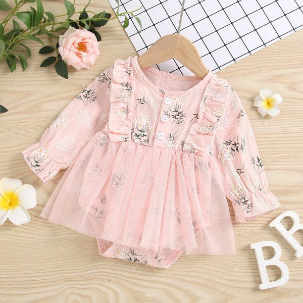 Baby Girl 1pcs Allover Grass Embroidered Graphic Mesh Overlay Dress Longsleeve Onesies