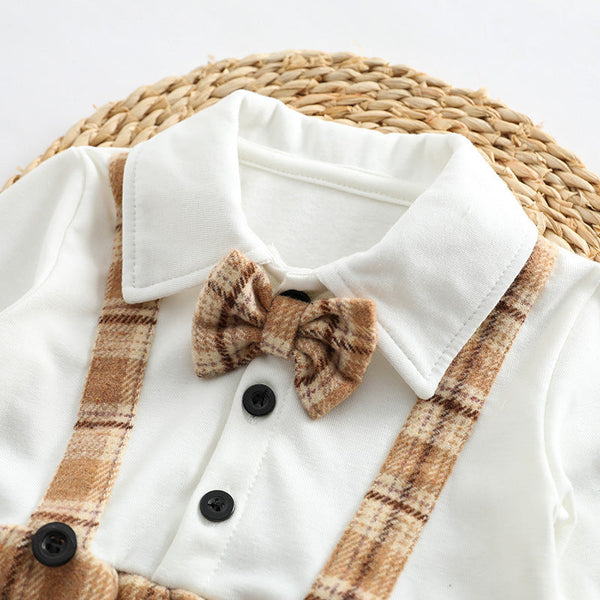 Baby Plaid Pattern False 1 Pieces Design Bow Tie Decoration Bodysuit