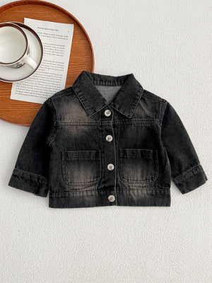 Baby Kids Button Front Design Washed Style Turndown Collar Denim Jacket Coat