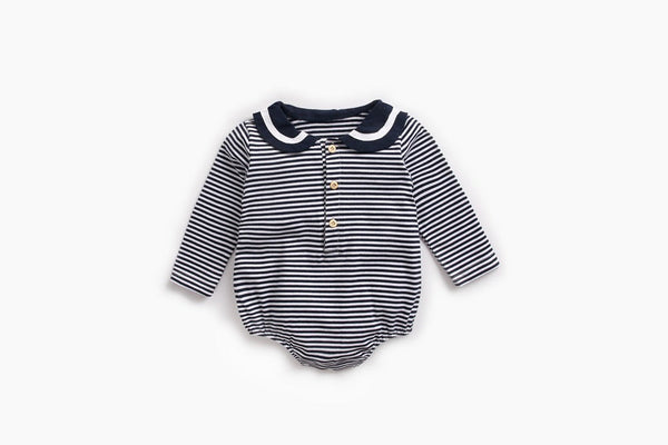 Baby Girl Striped Pattern Sailor Collar Design Fashion Long Sleeves Bodysuit Onesie