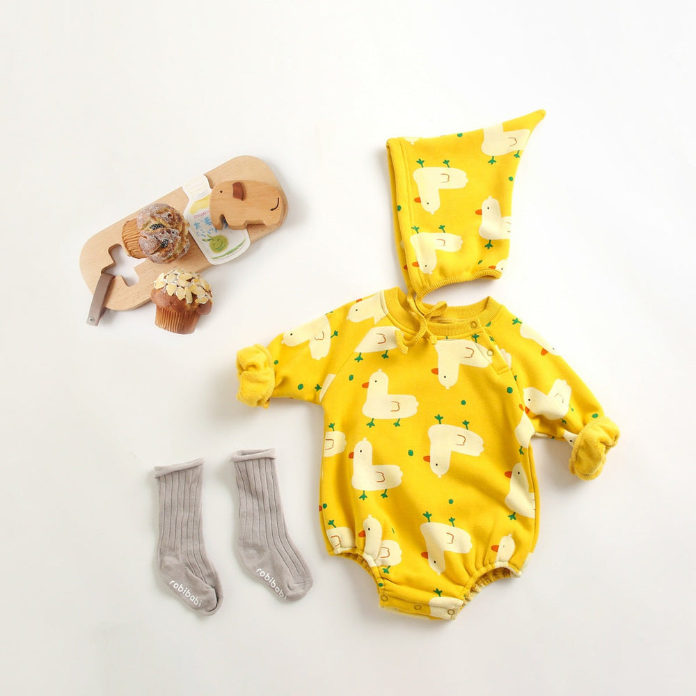 Baby 1pcs Cartoon Duck Print Button Front Rompers & Onesies With Triangle Hats