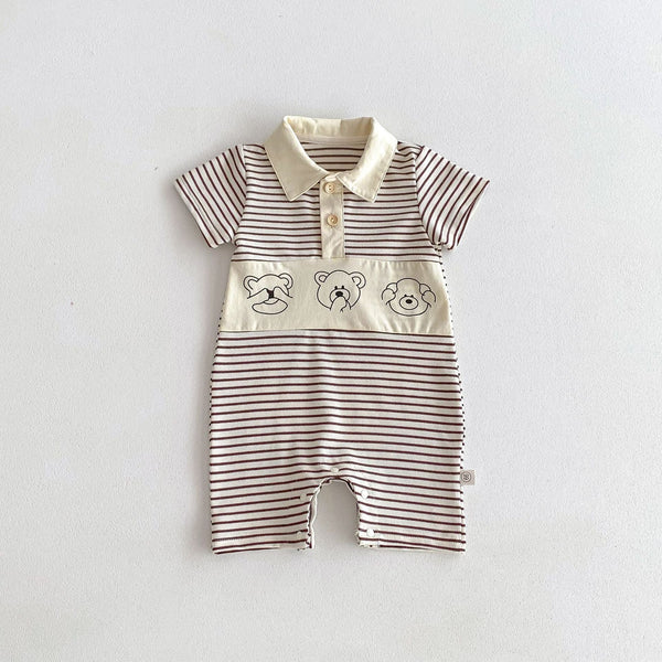 Summer New Design Short Sleeves Striped Turn-Down Collar Teddy Pattern Baby Rompers