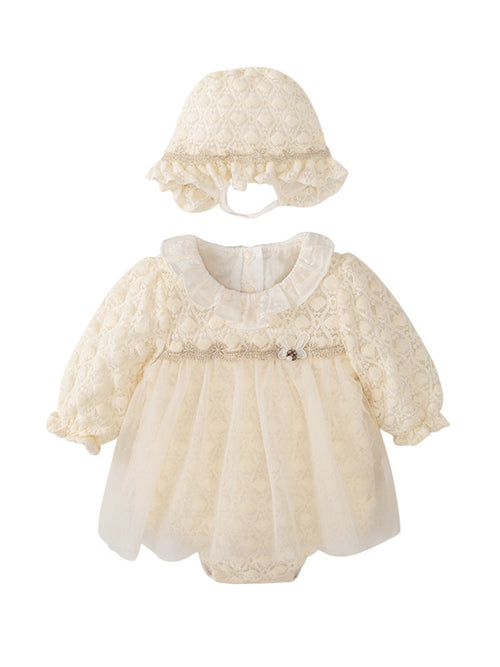 Autumn New Tulle Dress Design Baby Girls Beige Geometric and Heart Pattern Long Sleeves Onesies with Princess Collar and Hat