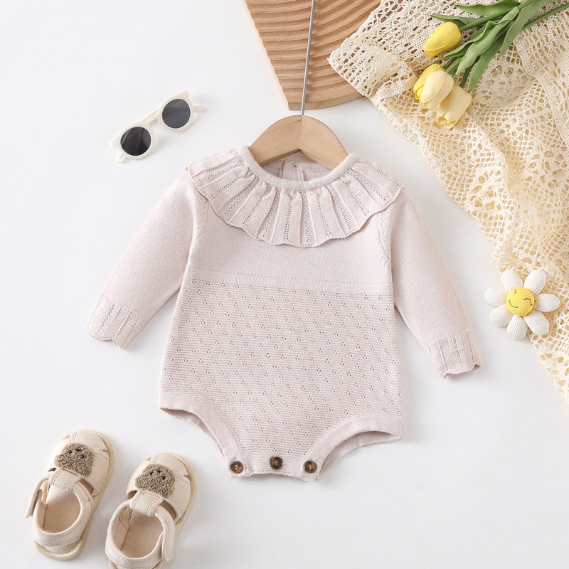 Autumn New Design Baby Girls Solid Color Long Sleeves Hollow Out Ruffle Collar Knitted Onesies